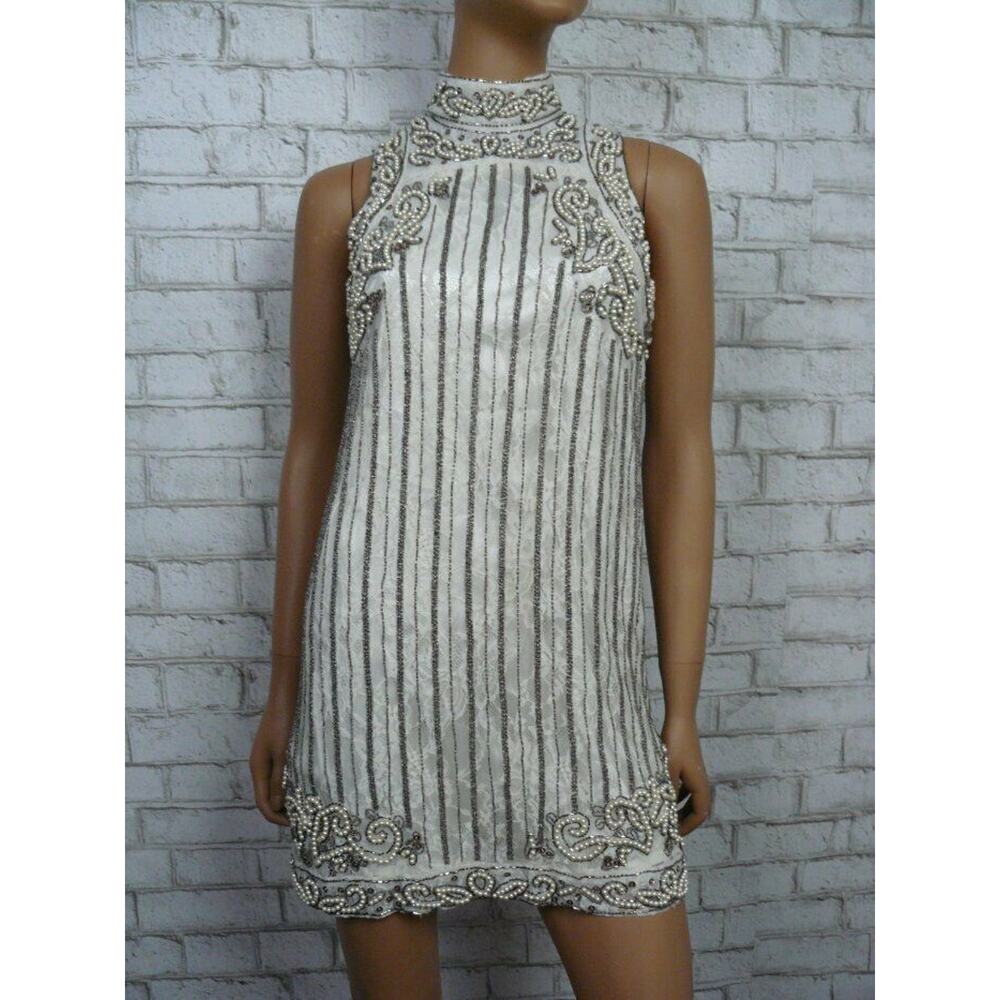 $368 X by NBD Ivory Grey Lace Beaded Pearl Rita Shift Dress XXS NWT - Picture 3 of 9